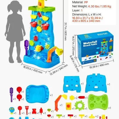 Mesa de praia tipo cascata azul, verde e amarelo com várias peças coloridas para montar e brincar