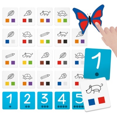 Cartas educativas com desenhos e blocos de cores, números de 1 a 5 e uma borboleta vermelha e azul sendo tocada por um dedo