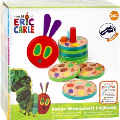 Brinquedo de madeira com face da lagarta colorida e peças redondas coloridas