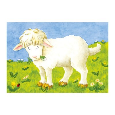 Ilustração de cordeiro branco num prado com flores e céu azul