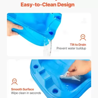 Design em plástico azul com escoamento de água e superfície lisa de fácil limpeza.