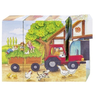Cubos de madeira com ilustração de quinta, crianças, trator vermelho e animais