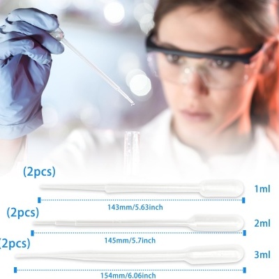 Pipetas de plástico transparentes de vários volumes com medidas indicadas, e pessoa usando luvas e óculos de proteção ao fundo