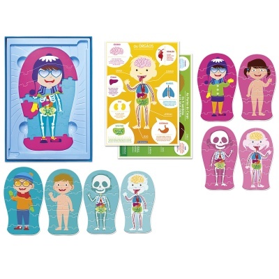 Jogo educativo infantil com peças para montar figuras humanas e cartões explicativos.