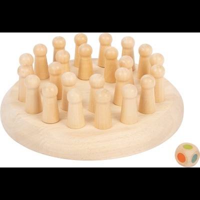 Jogo de tabuleiro de madeira com peças e dado colorido