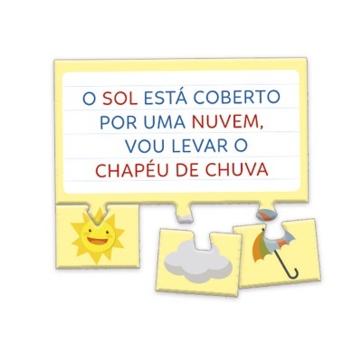 Puzzle de quatro peças com texto e imagens de sol, nuvem e guarda-chuva