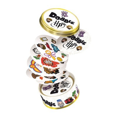 Jogo de cartas Dobble Harry Potter com caixa metálica dourada e cartas redondas coloridas