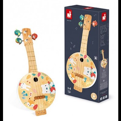 Instrumento musical infantil em madeira com desenhos coloridos e embalagem