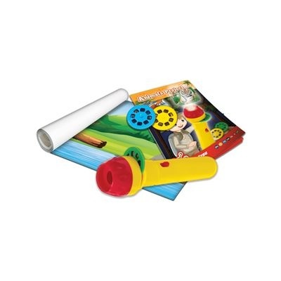 conjunto projetor infantil com rolos de filme coloridos e livro ilustrado