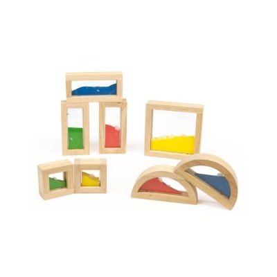 Brinquedos sensoriais de madeira com líquidos coloridos