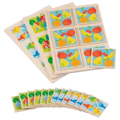 Conjunto de dominó de madeira com imagens coloridas de frutas, pássaros e casas