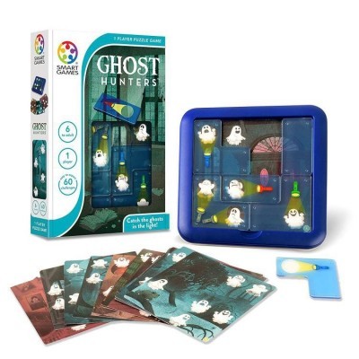 Jogo de puzzle Ghost Hunters da Smart Games com peças azuis e cartas ilustradas.
