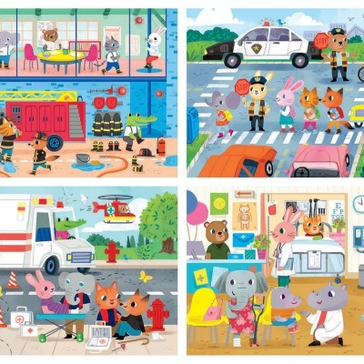 Cenas ilustradas com animais antropomórficos em ginásio, polícia, ambulância e clínica veterinária.