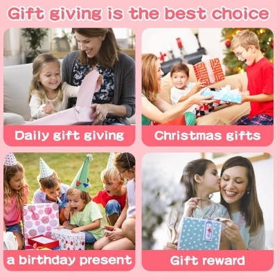 Colagem com imagens de crianças e adultos a trocar presentes em diferentes ocasiões, com texto explicativo em inglês.