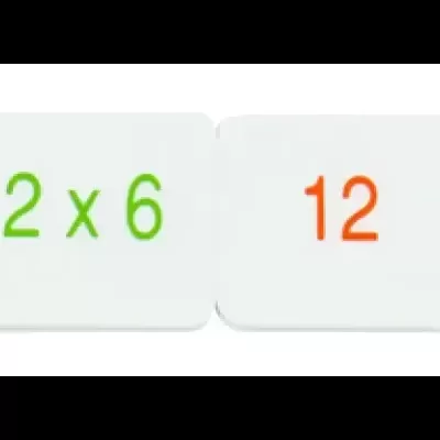 Peças de dominó com números e equações matemáticas em verde e laranja