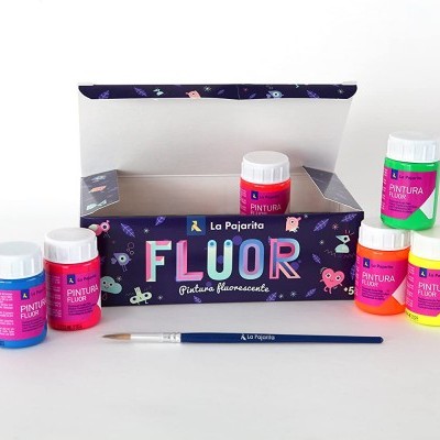 Conjunto de tintas fluorescentes coloridas com pincel e embalagem La Pajarita