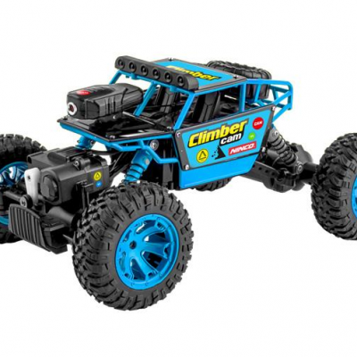 Brinquedo de veículo todo-o-terreno azul e preto com rodas grandes e estrutura tubular