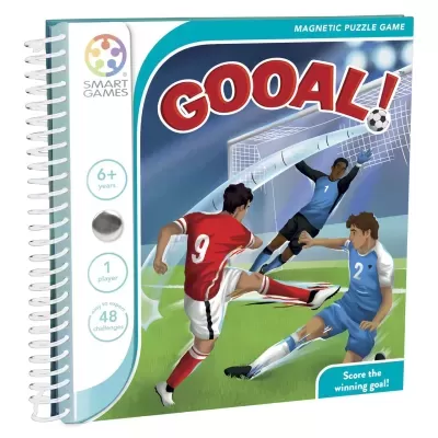Capa de jogo magnético de puzzle GOOAL! com jogadores de futebol, letras vermelhas e azul claro