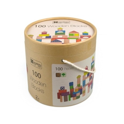 Embalagem cilíndrica de cartão com blocos de madeira coloridos para crianças