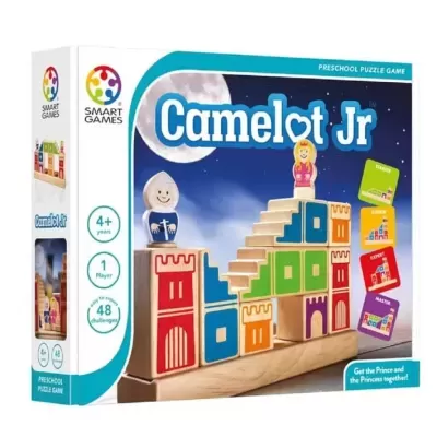 Caixa do jogo de puzzle Camelot Jr com peças de castelo coloridas e figuras de príncipe e princesa