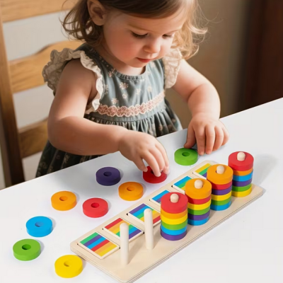 Criança a brincar com brinquedo de anéis coloridos em madeira sobre mesa branca