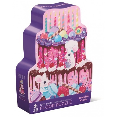 Embalagem de puzzle em forma de bolo colorido com velas e ratinhos.