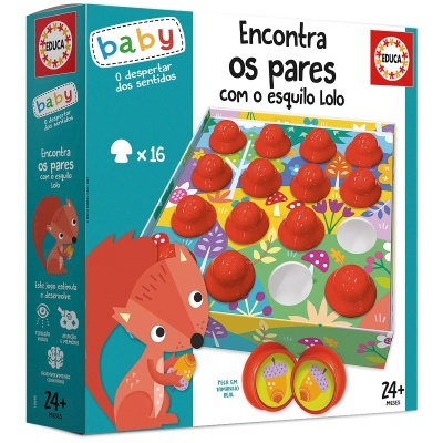 Embalagem de jogo infantil Educa Baby com tema de esquilo e miolos para encontrar pares.