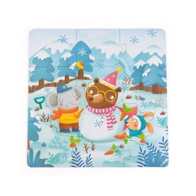 Quebra-cabeças infantil com animais divertidos a construir boneco de neve num cenário de inverno
