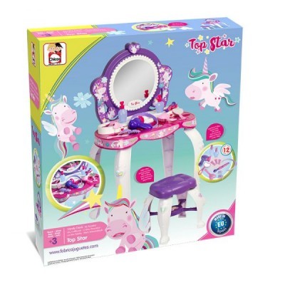 Brinquedo de penteadeira infantil rosa e roxa com espelho e acessórios em embalagem colorida