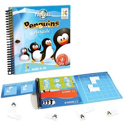 Jogo Travel Games Penguins Parade com tabuleiro azul e peças de pinguins