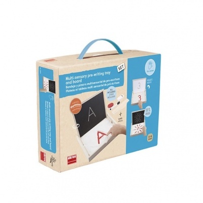 Caixa de brinquedo educativo com alça azul e imagens de letras e números