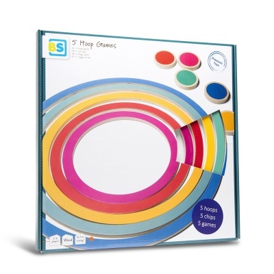 Caixa de jogo 5 Hoop Games com argolas coloridas em embalagem quadrada