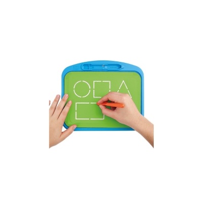 Quadro magnético azul com superfície verde e formas geométricas pontilhadas desenhadas