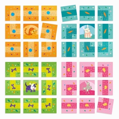 Cartas coloridas de jogo da memória com desenhos de gatos, coelhos, cães e ratos.