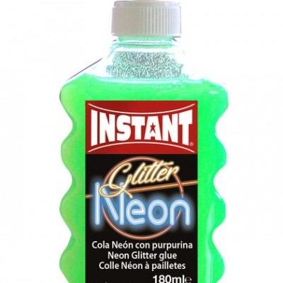 Frasco de cola neon glitter verde com tampa branca e vermelha.