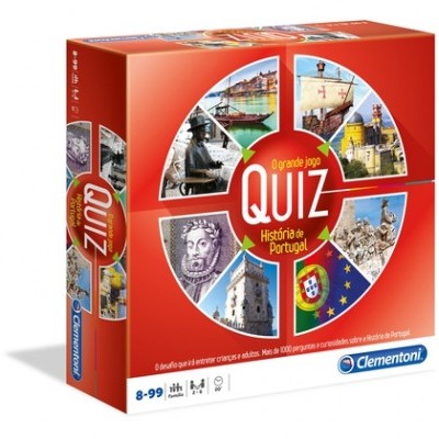 Caixa do jogo 'O grande jogo Quiz História de Portugal' com imagens históricas e bandeiras