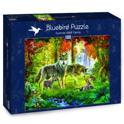 Caixa de puzzle Bluebird Puzzle Summer Wolf Family 1000 peças com imagem colorida de família de lobos num bosque