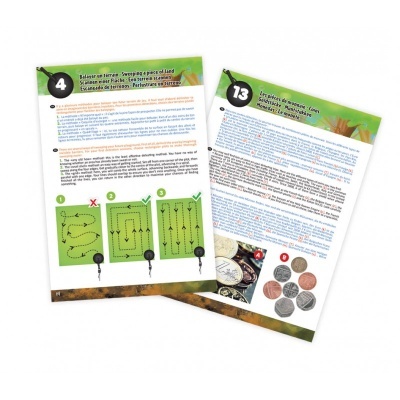 Páginas de livro ou manual com texto multilíngue, imagens de caminhos e moedas.