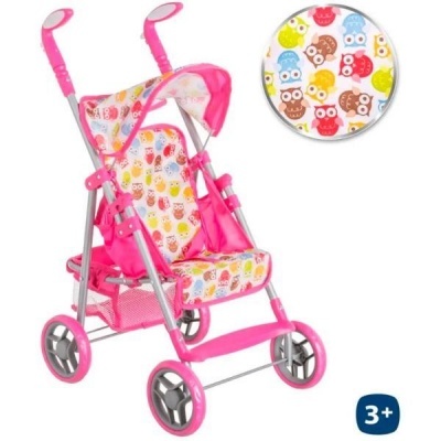 Carrinho de brincar infantil rosa com estampa colorida de corujas
