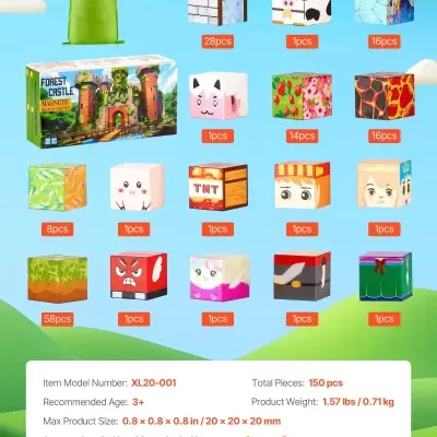 Blocos magnéticos coloridos em cubos com saco verde e caixa com imagem de castelo.