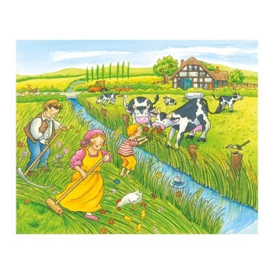 Ilustração de quinta com pessoas, vacas e animais perto de riacho e casa