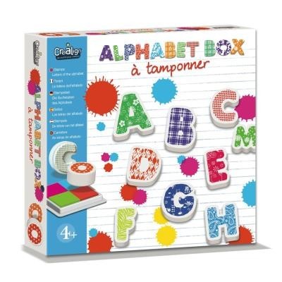 Caixa do jogo ALPHABET BOX à tamponner com letras do alfabeto coloridas e carimbo.