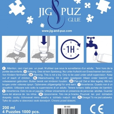 Embalagem de cola para puzzles JIG&PUZ GLUE com instruções e avisos multilingues