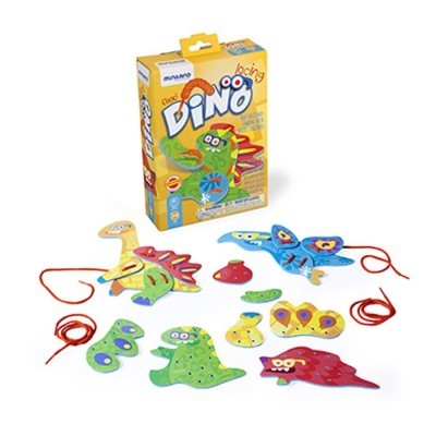 Jogo infantil Dino com dinossauros coloridos de tecido e caixa amarela