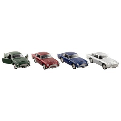 Miniaturas de carros clássicos em quatro cores diferentes num fundo branco