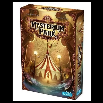 Caixa de jogo de tabuleiro Mysterium Park com tenda de circo e névoa