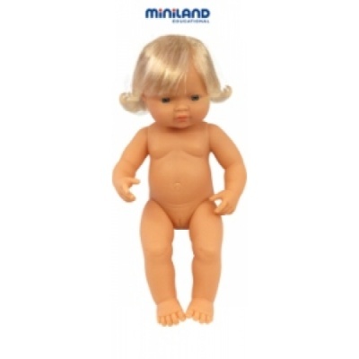Boneca infantil de plástico loira sem roupa com logo MINILAND EDUCATIONAL