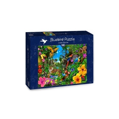 Caixa de quebra-cabeças Bluebird Puzzle 1500 peças com tema de selva colorida.