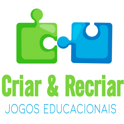 Logótipo com duas peças de puzzle verde e azul e texto Criar & Recriar Jogos Educacionais