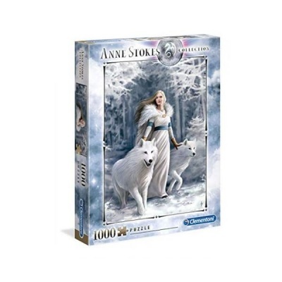 Puzzle 1000 peças Clementoni Anne Stokes com mulher loira e lobos brancos num bosque nevado